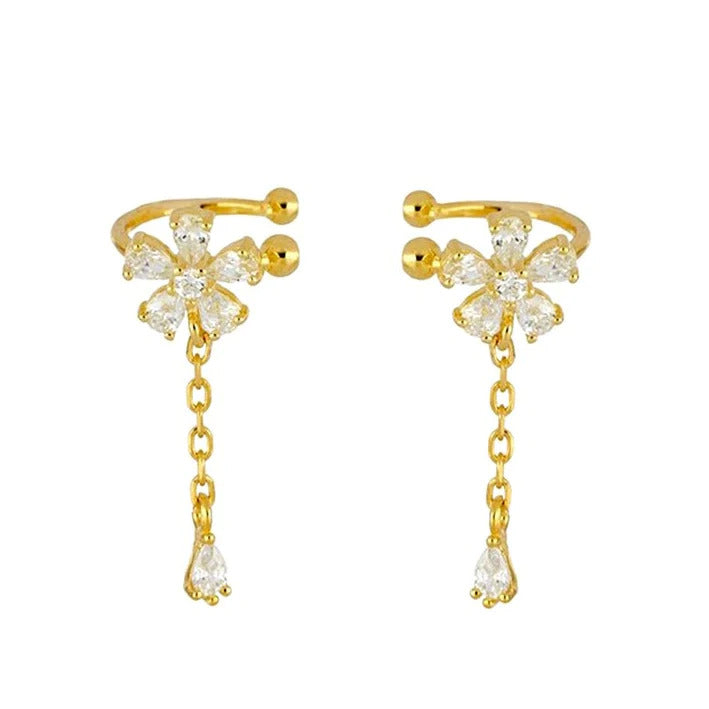 Dainty Flower CZ Dangling Chain Drop Hoop Earrings