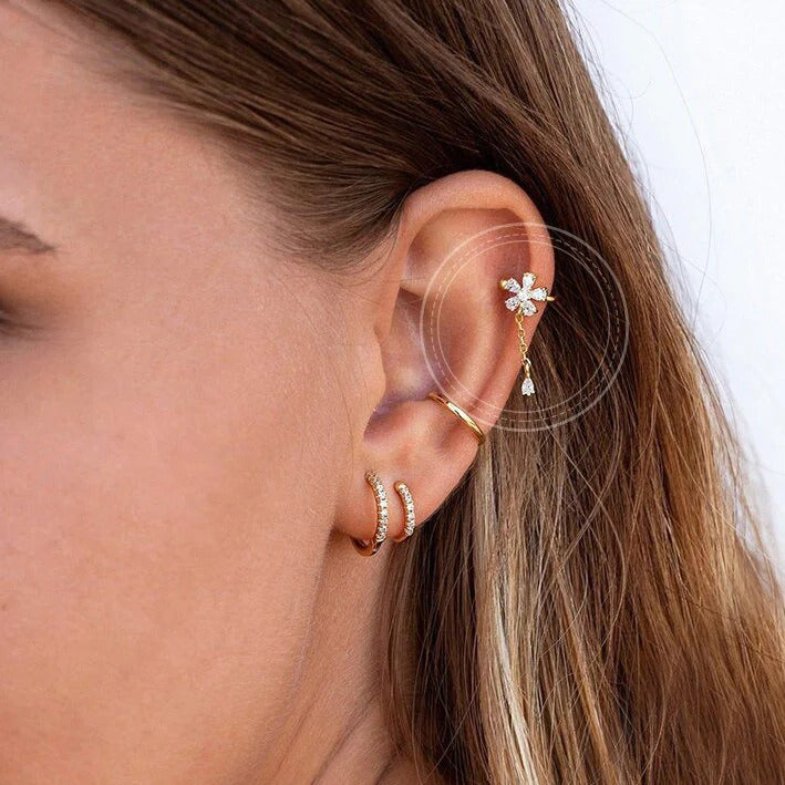 Dainty Flower CZ Dangling Chain Drop Hoop Earrings