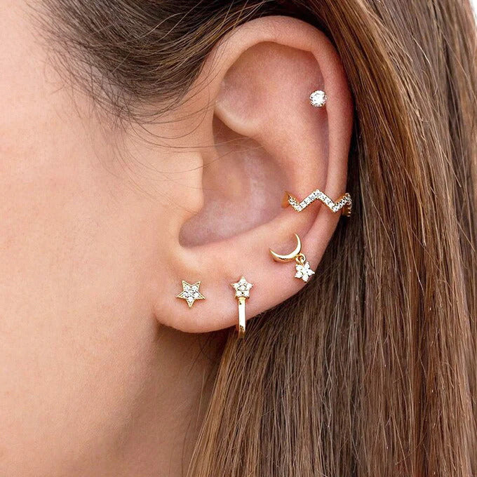 Dainty Crescent Moon With Dangling CZ Star Shaped Charm Stud Earrings