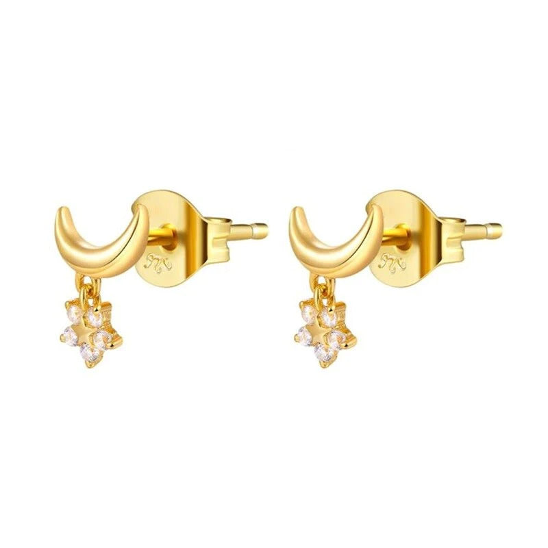 Dainty Crescent Moon With Dangling CZ Star Shaped Charm Stud Earrings