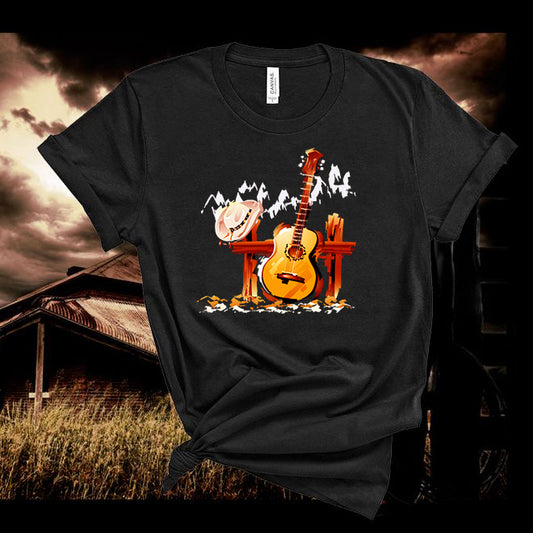 Cowboy hat and guitar at the bench Tshirt