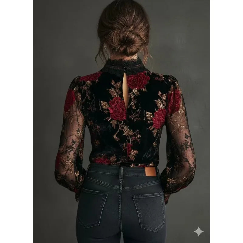 Gold Velvet Lace Patchwork V-Nec Pullover