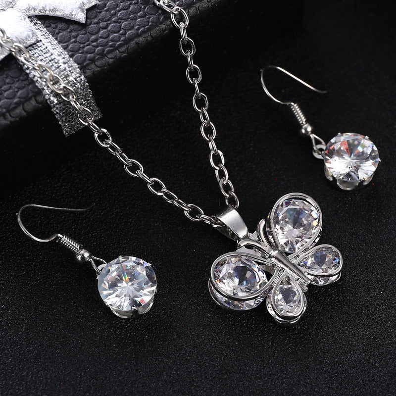 Silver white crystal stone romantic butterfly lady jewelry set