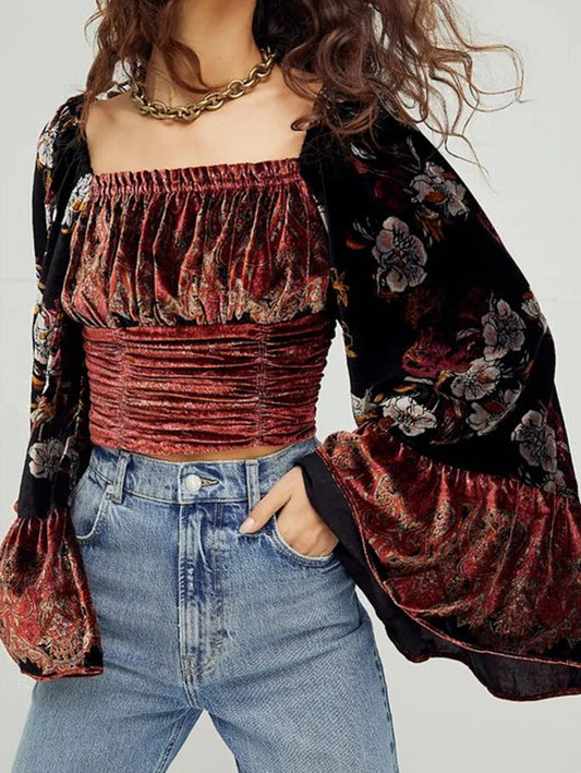 Square Collar Ruffles Velvet Chic Blouse