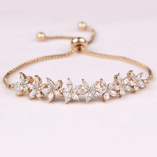 Gold Platinum Sparkling Crystal Flower Design Bracelet - Denoss