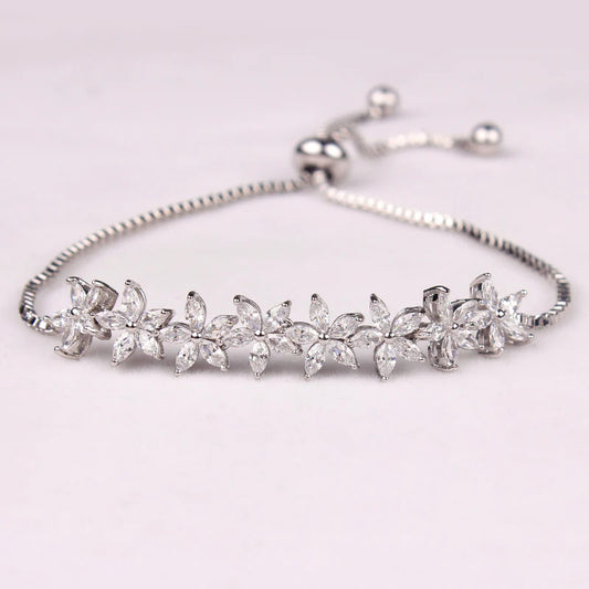 White Gold Platinum Sparkling Crystal Flower Design Bracelet - Denoss