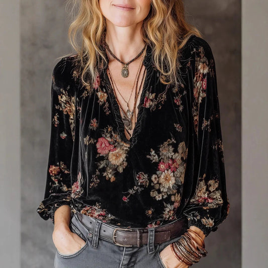 Velvet Printed Retro Pullover Top