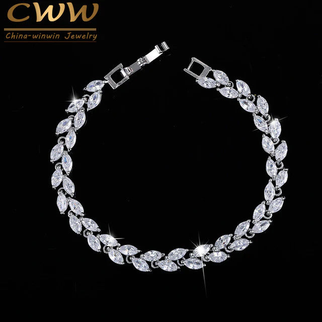 White Gold Platinum Crystal Leaf Ladies Bracelet