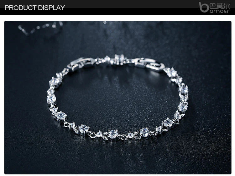 Silver Platinum White Zircon Heart Elegant Ladies Bracelet