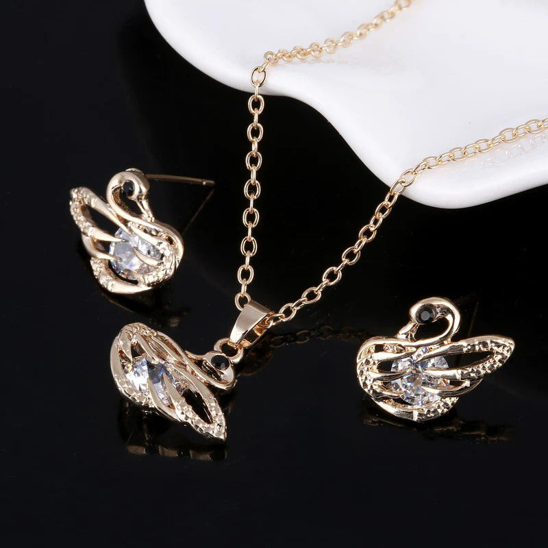 Gold crystal stone swan design women’s jewelry set