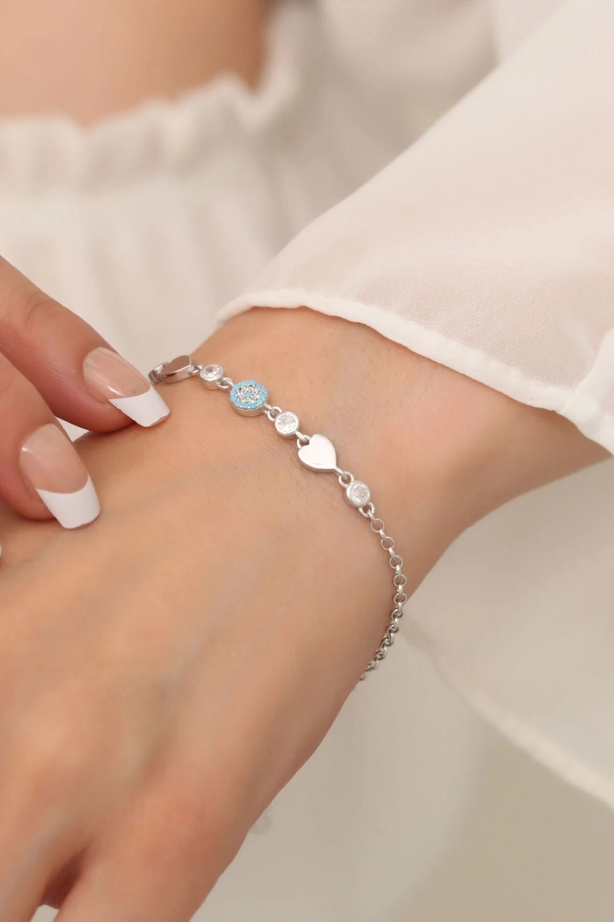 Evil Eye and Heart Silver Bracelet