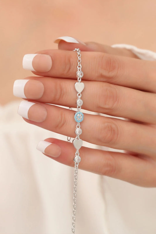 Evil Eye and Heart Silver Bracelet