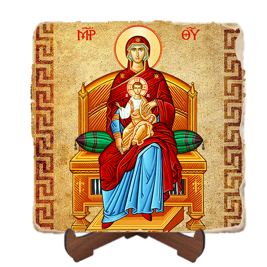 Virgin Enthroned Icon,Marble Icon,Handmade,Baptism gift,Christian Icon