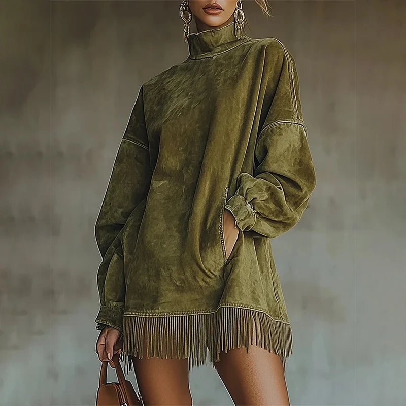 High Neck Green Suede Tassel Women Mini Dress