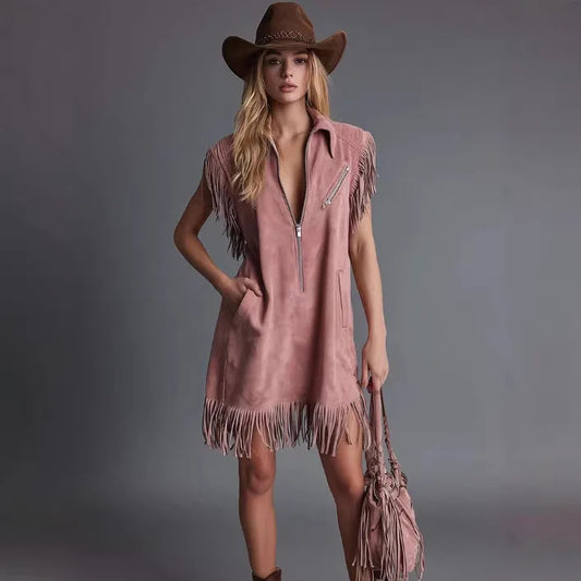 Pink Suede Retro Tassel Sleeveless Dress