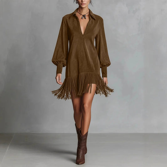 Brown Suede Tassel Mini Dress