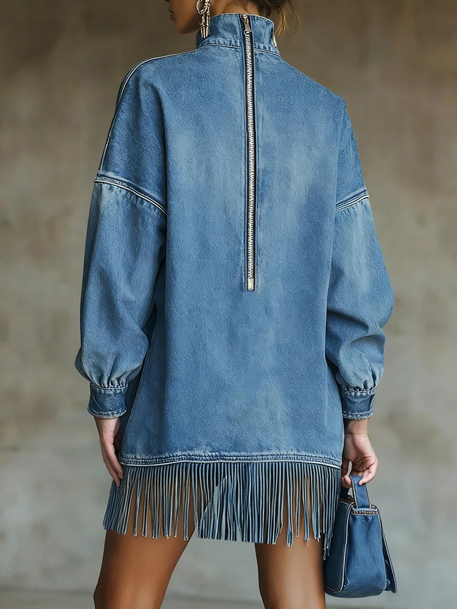 High Neck Denim Tassel Women Mini Dress - Denoss