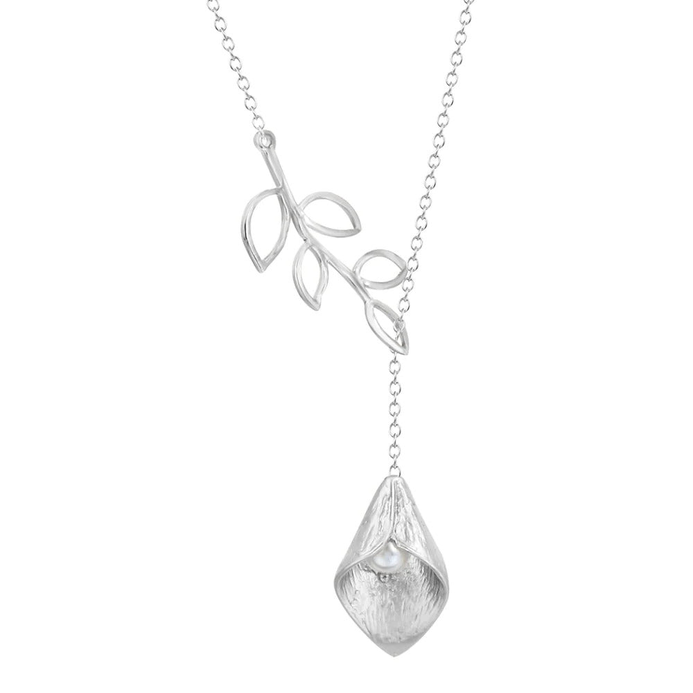 Calla Lily with Simulated Pearl Silver Necklace