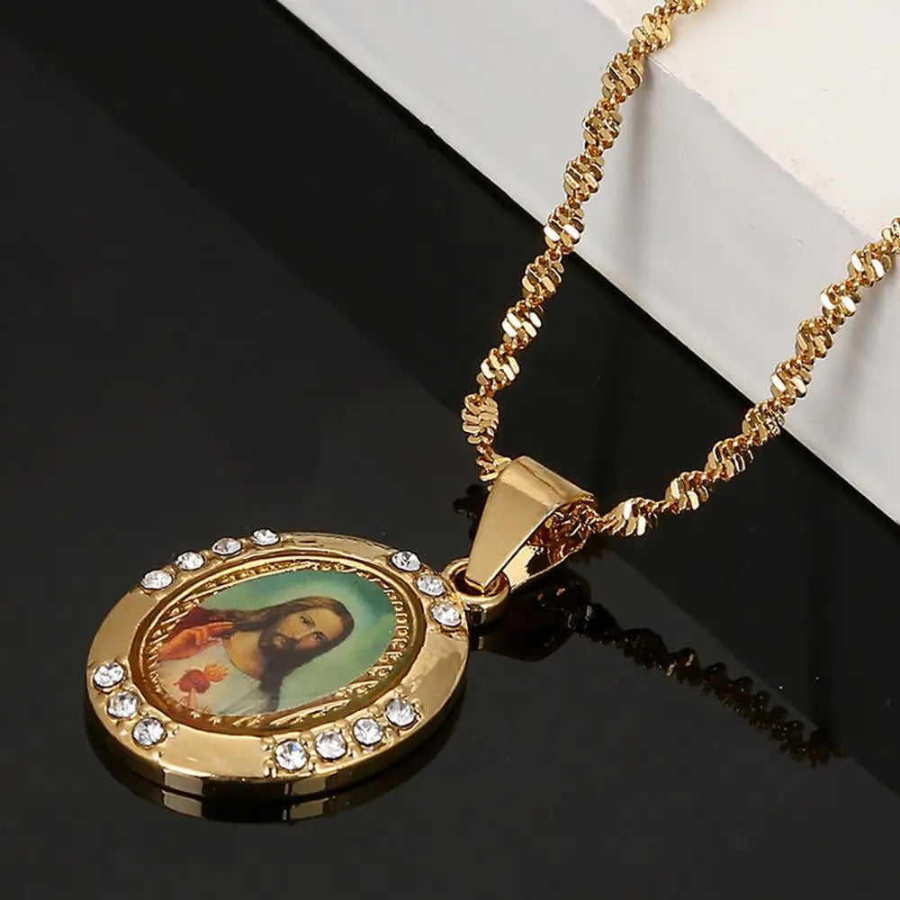 Gold Zircon Jesus Portrait Pendant Necklace,Christian Necklace