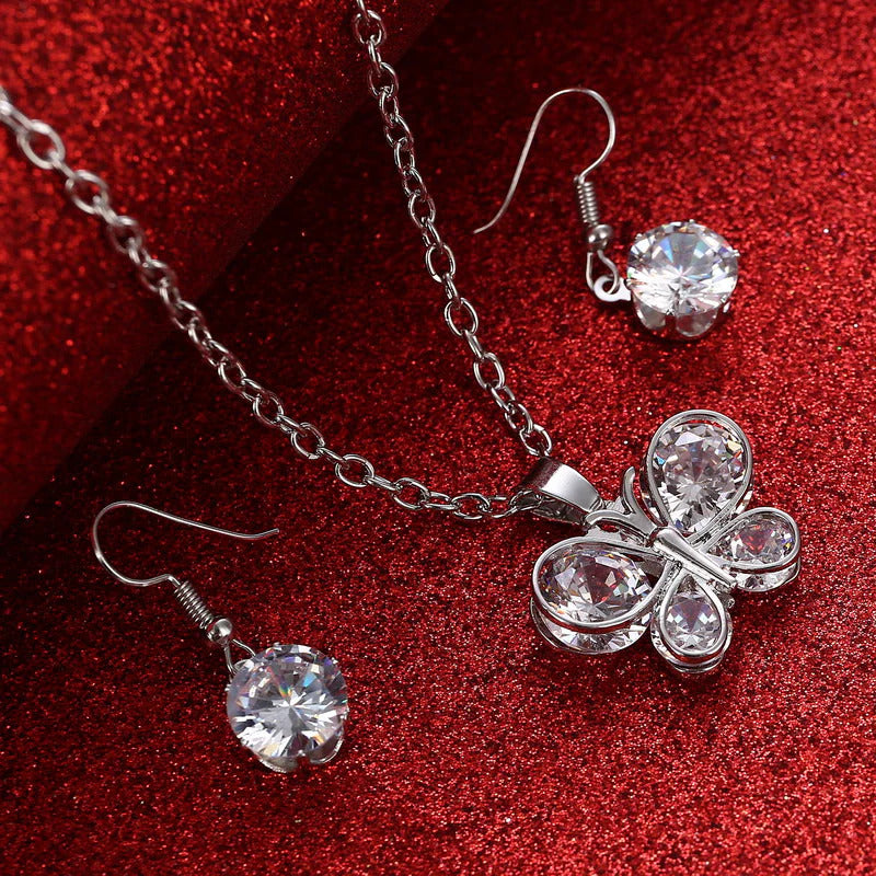 Silver white crystal stone romantic butterfly lady jewelry set