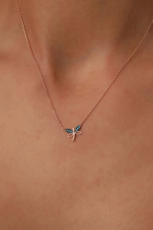 925 Sterling Silver Turquoise Stone Minimalist Dragonfly Chain Necklace
