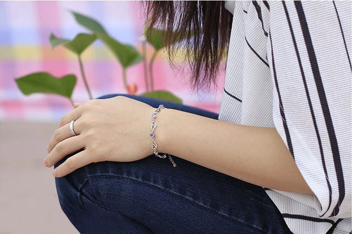 Silver Platinum Purple Zircon Heart Elegant Ladies Bangle Bracelet
