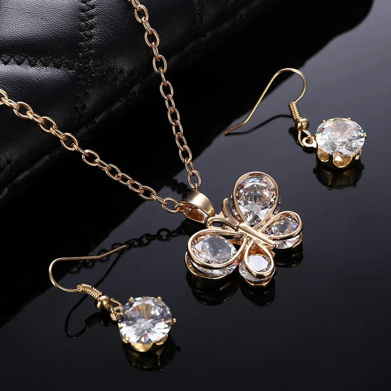 Gold crystal stone butterfly design women’s jewelry set