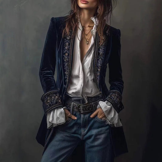 Navy Lace Velvet Women's Jacket For Spring Summer