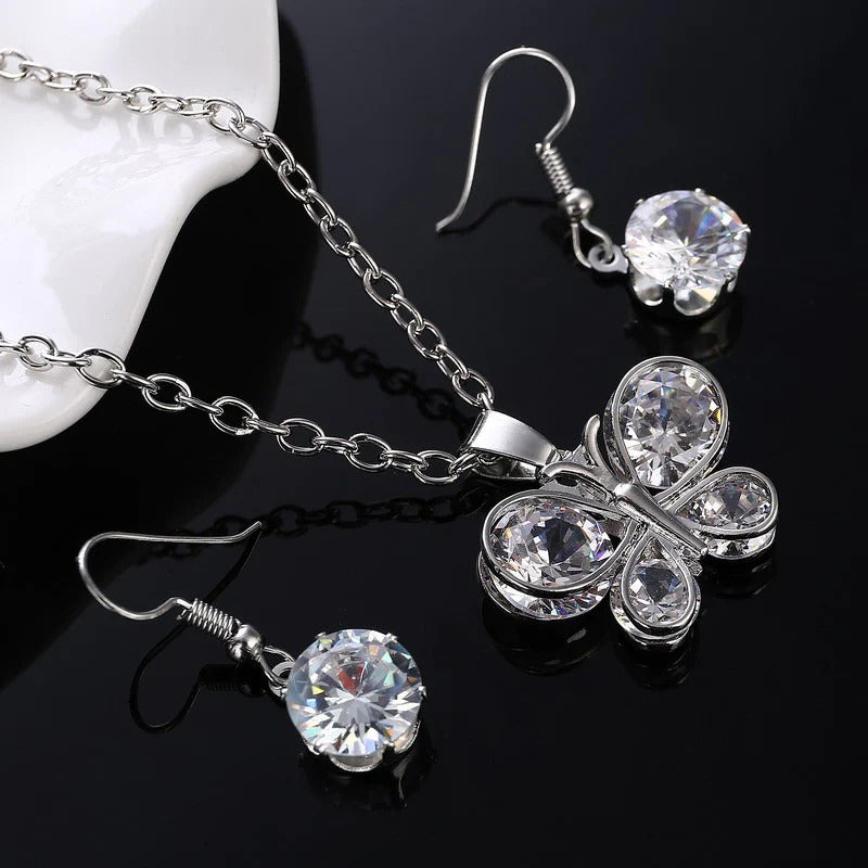 Silver white crystal stone romantic butterfly lady jewelry set