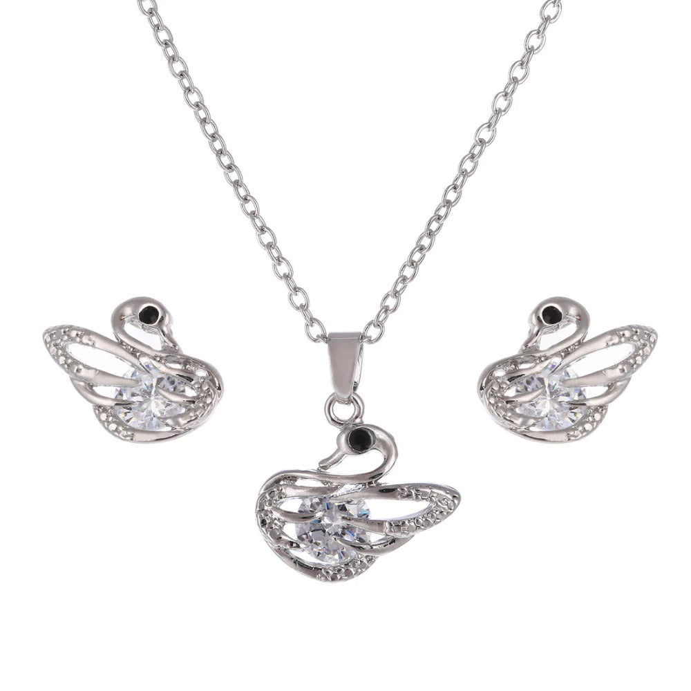 Silver and white crystal stone romantic swan women’s jewelry set