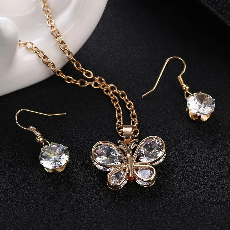 Gold crystal stone butterfly design women’s jewelry set