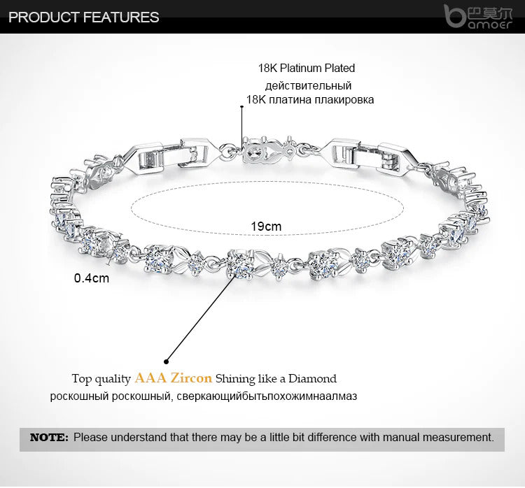 Silver Platinum White Zircon Heart Elegant Ladies Bracelet