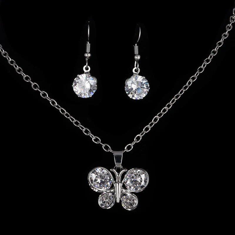 Silver white crystal stone romantic butterfly lady jewelry set