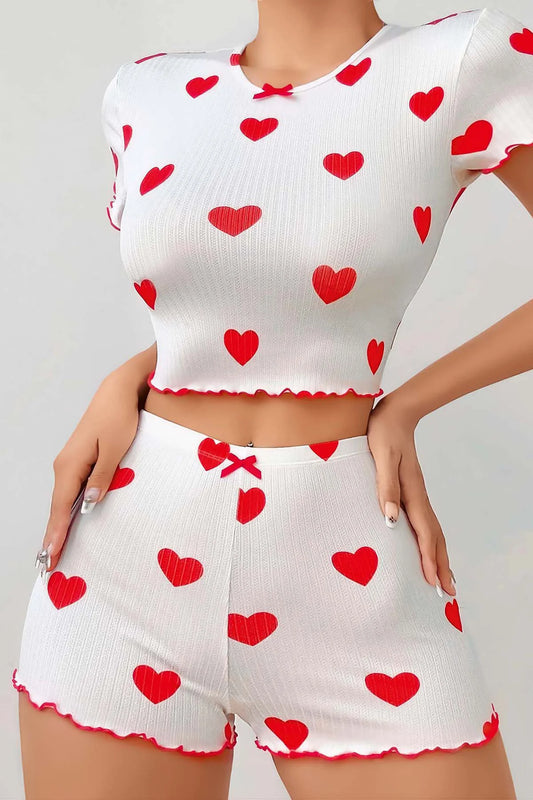 Heart Patterned Ruffled Shorts Pajama Set - Denoss