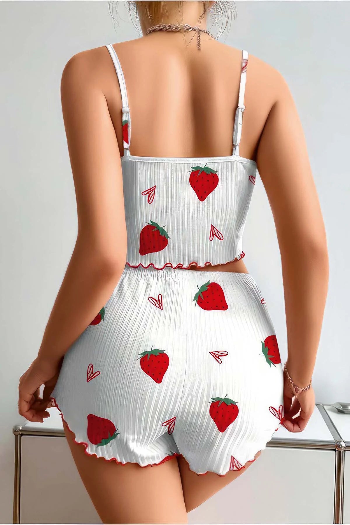 Strawberry Patterned Ruffled Shorts Pajama Set - Denoss