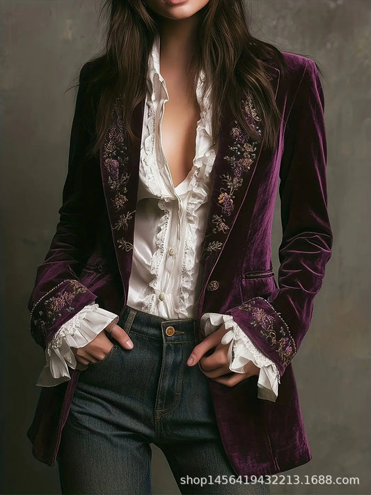 Fuchsia Lace Velvet Women's Jacket For Spring Summer