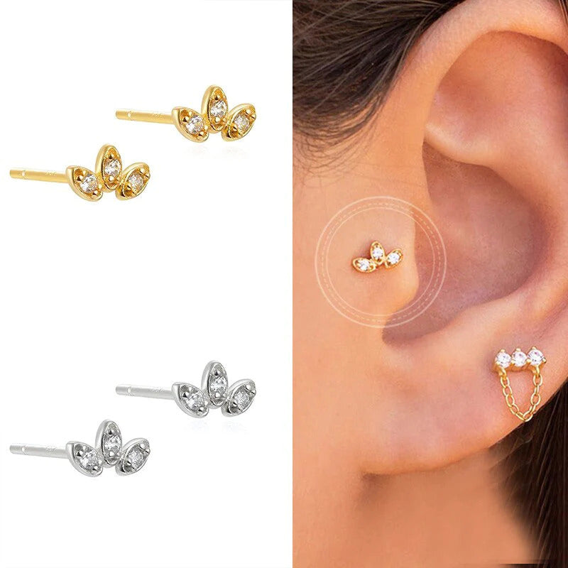 Dainty 3 Leaves Flower Shaped CZ Stud Earrings