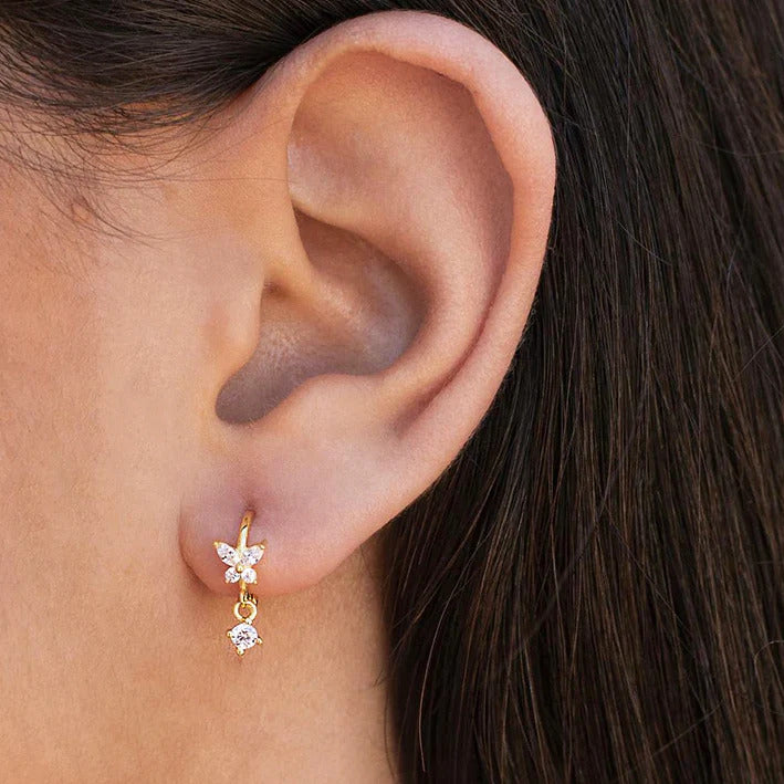 Dainty CZ Butterfly Shaped Huggie Hoop Earrings With Dangling Charm
