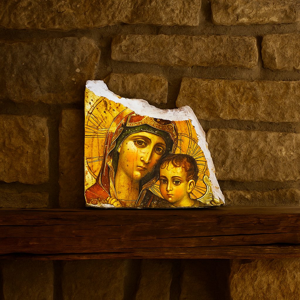 Mother of God and Baby Jesus Ortodox Icon,Fresco on Antique Marble