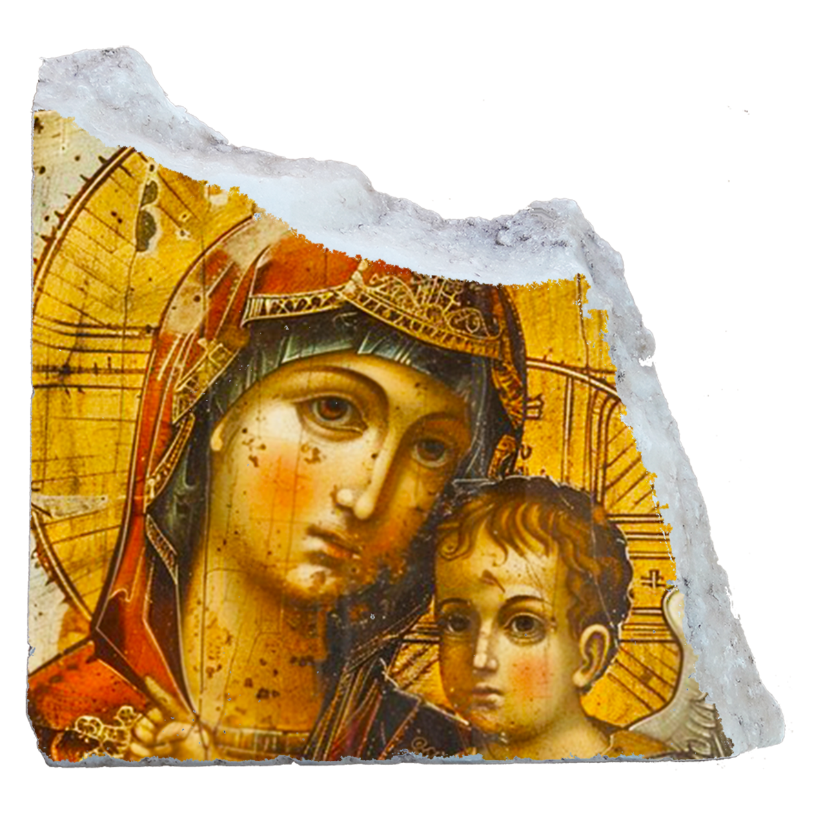 Mother of God and Baby Jesus Ortodox Icon,Fresco on Antique Marble