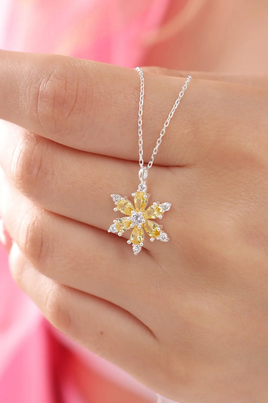 925 Sterling Silver Chain Citrine Lotus Camellia Flower of Life Necklace