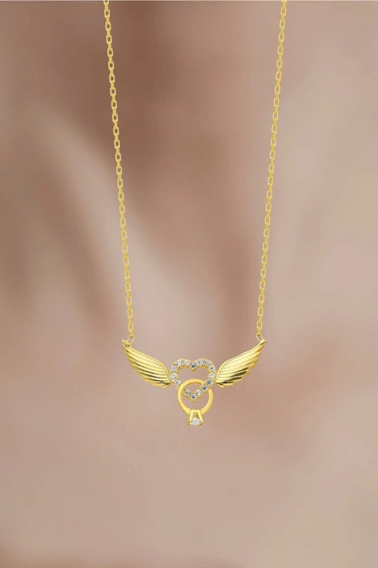 925 Sterling Silver Chain Angel Winged Heart Gold-Silver Necklace