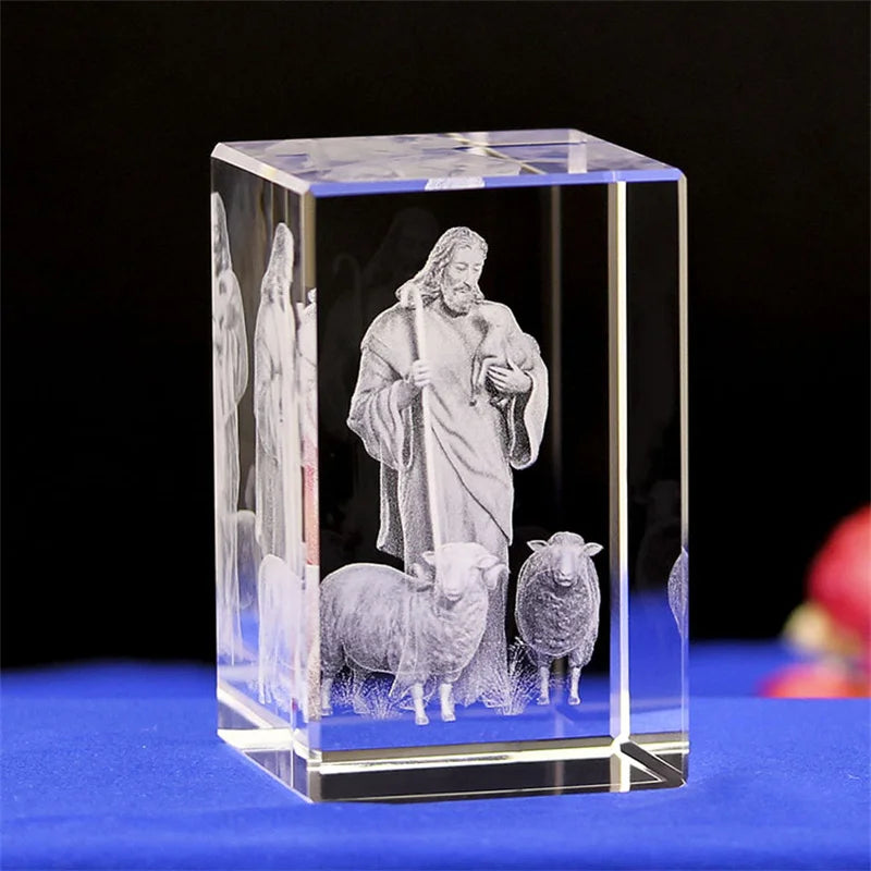 Good Shepherd Jesus with Lambs Statue Crystal Laser Engrave Religious gift,Home Decor