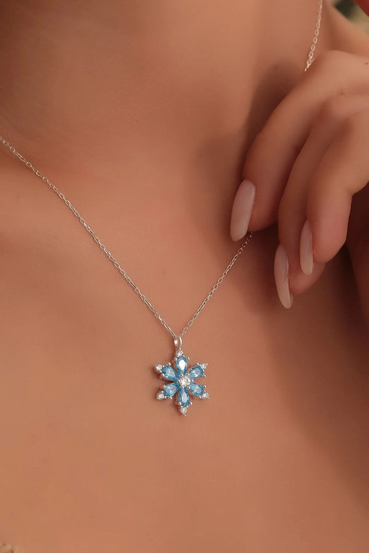 925 Sterling Silver Chain Aquamarine Lotus Camellia Flower of Life Necklace