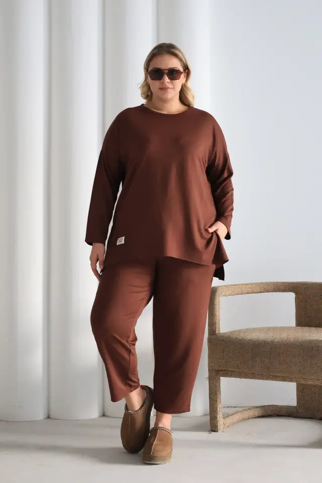 Coffee Oversize Lycra Knitted Viscose Set - Denoss