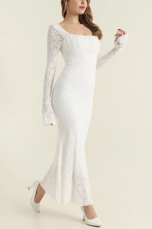 White Lined Spanish Sleeve Lace Women's Dress - Denoss
