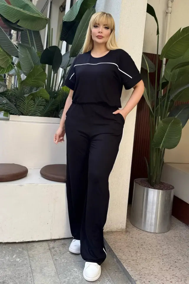 Black Comfortable High-Waisted Two-Piece Set with White Piping Details and Pockets - Denoss