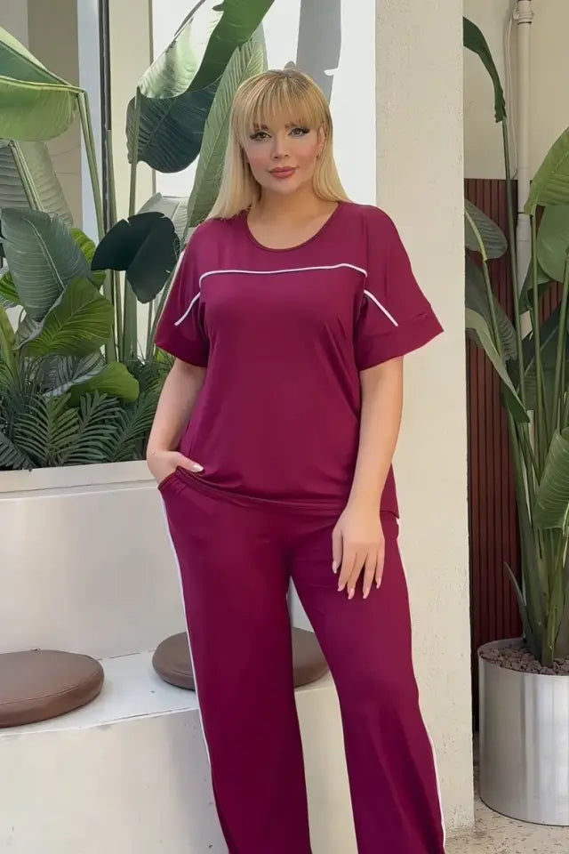 Burgundy Comfortable High-Waisted Two-Piece Set with White Piping Details and Pockets - Denoss