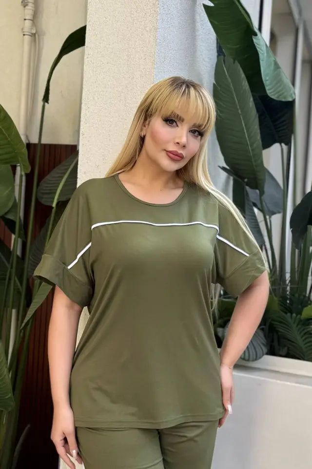 Khaki Comfortable High-Waisted Two-Piece Set with White Piping Details and Pockets - Denoss