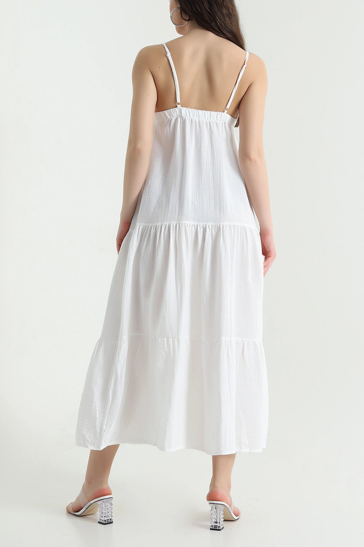 White Thread Strap Muslin Linen Women's Dress